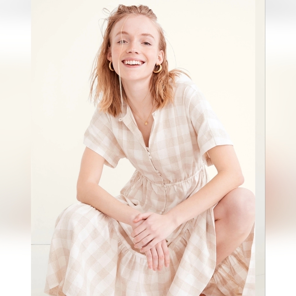 Madewell Button-Front Tiered Midi Dress: Undyed Gingham Edition New